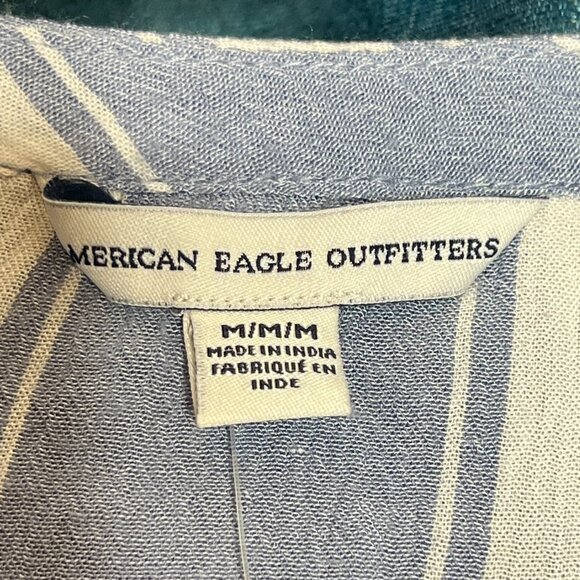 American Eagle NEW Blue White Stripe Ruffle Lace Up Flare Sleeve Boho Y2K Top M - Picture 5 of 7